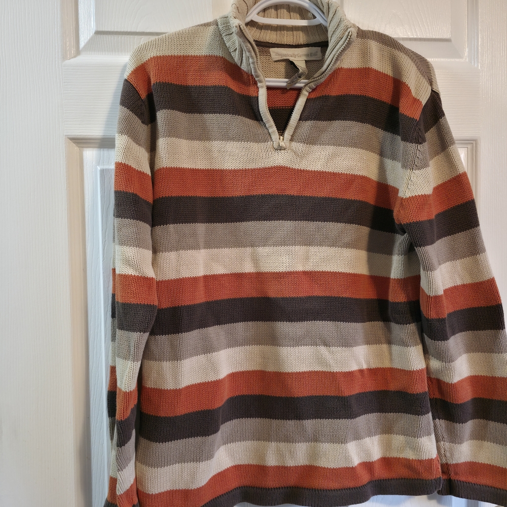 Women's Striped Crew Neck Sweater - Orange, Brown, and Gray